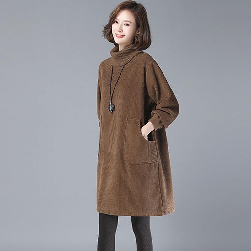 春秋季连衣裙女春装2024年新款韩版宽松中年妈妈中V长款高领卫衣