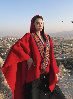 民族风连帽披风开叉斗篷披肩两用加厚红色旅游保暖围巾女冬天西藏