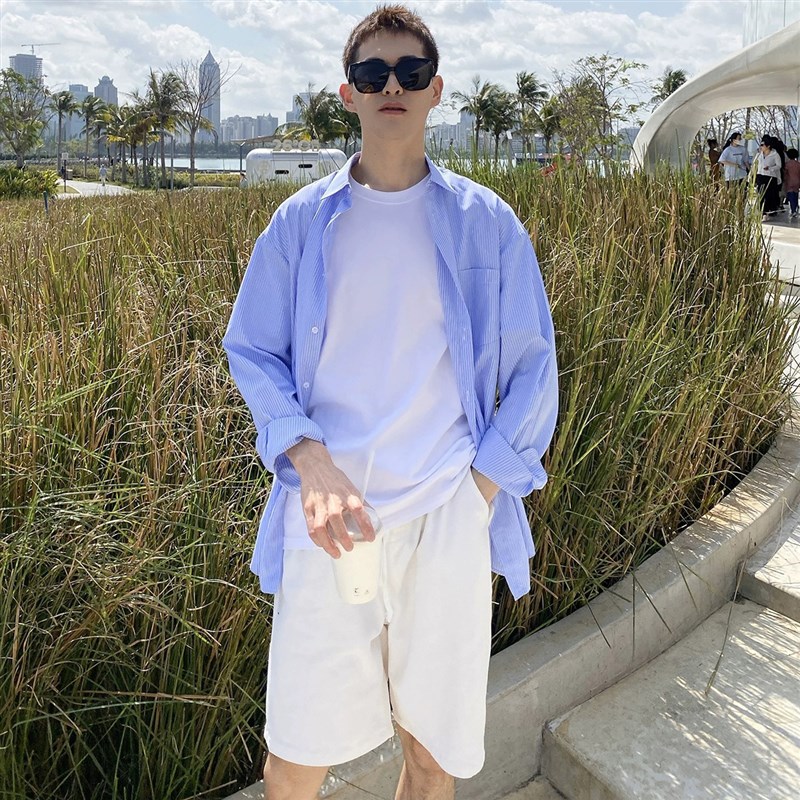2024春秋新款上衣蓝色细条纹衬衫男通勤J文艺薄款显白长袖外套防