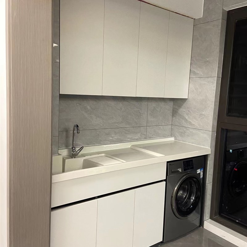 太空铝阳台洗衣机柜定制 一体盆石英石搓衣板切角定制