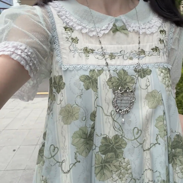 洛丽塔新款娃娃领网纱透气T恤内搭点纱透明感蕾丝夏天打底