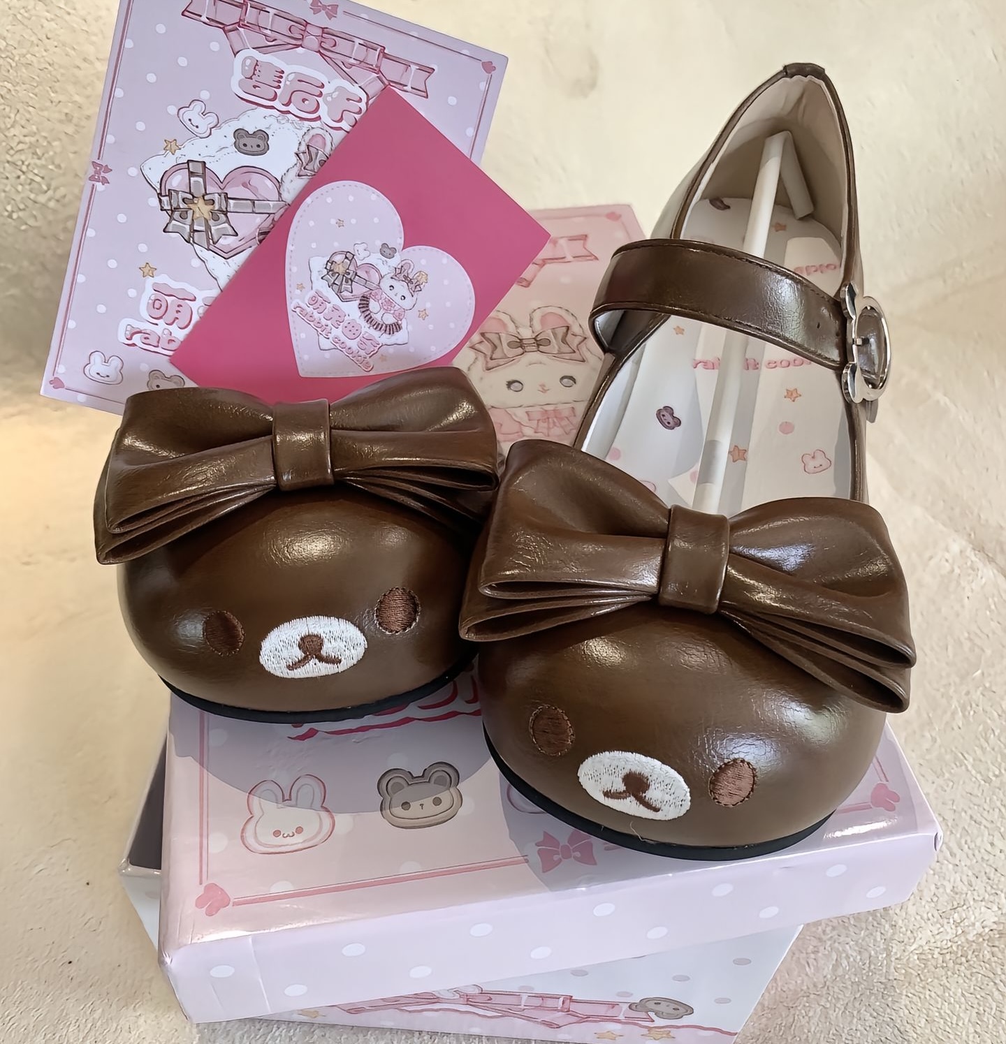 可爱鞋子女新款许愿熊微笑嘴Lolita圆头可爱宅系鞋低跟棕色