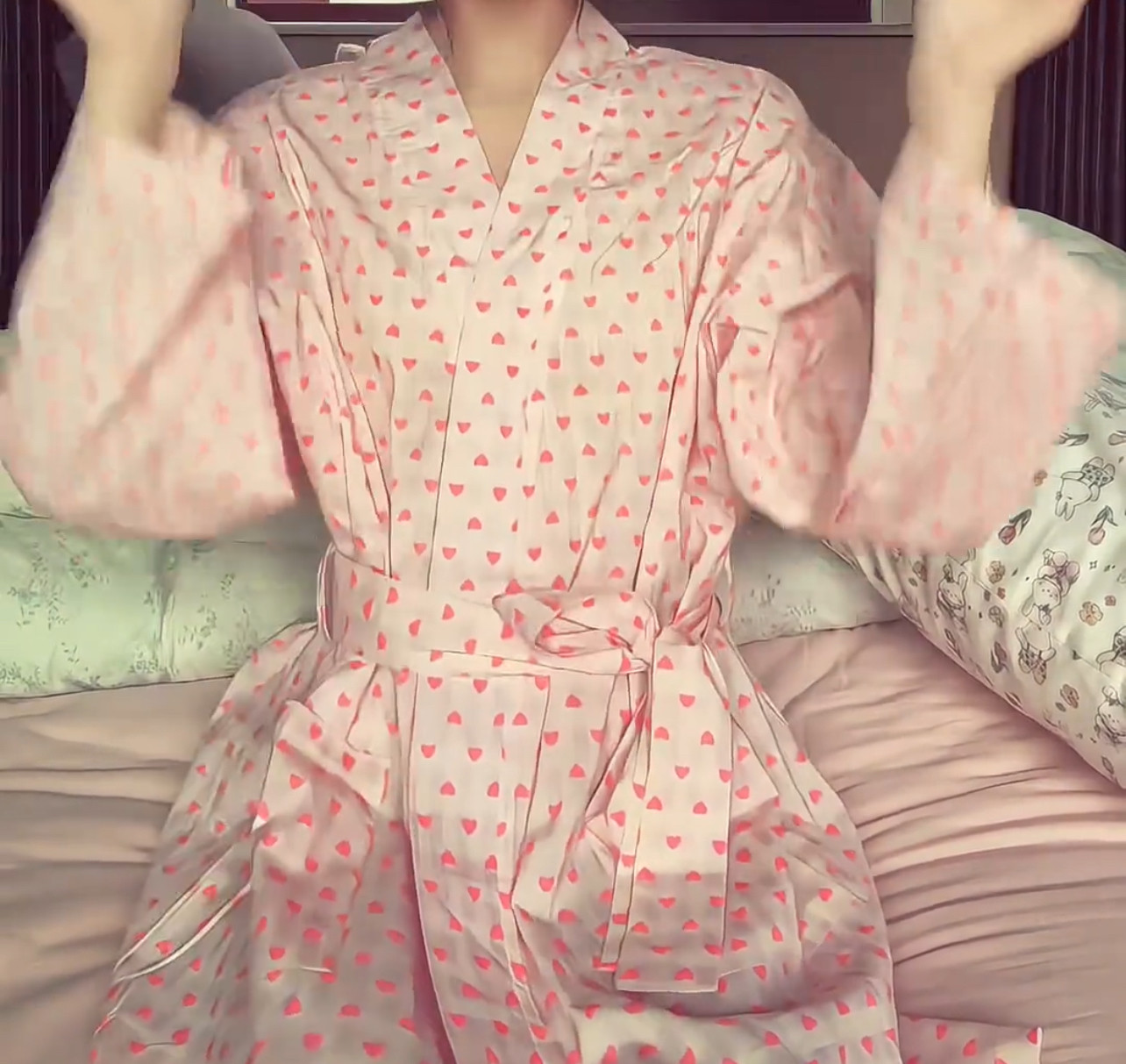 睡袍春秋款女粉色小爱心波点夏季浴袍性感系带女睡裙家居服