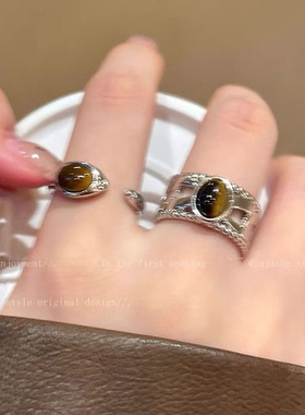 复古拉德花朵虎眼石戒指女小众设计开口秋冬食指戒女个性高级