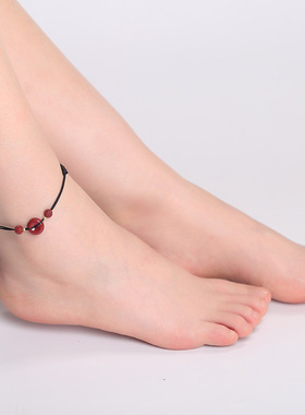 朱砂平安扣红绳脚链女紫金砂高含量手工手串本命年手链精致