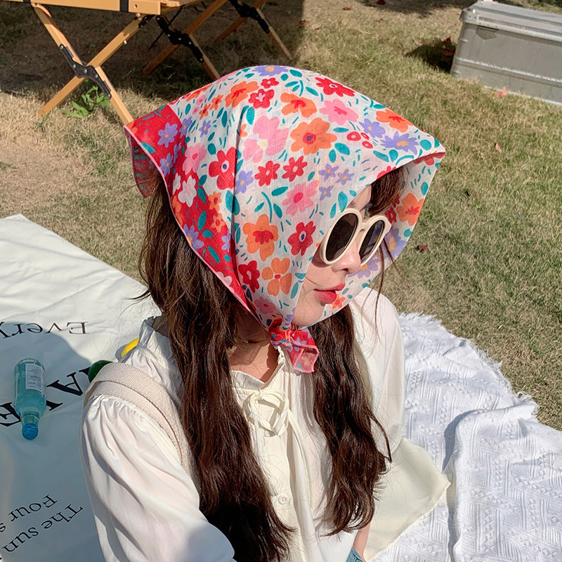 夏日田园风丝巾女碎花棉麻小方巾韩系小清新头巾海边沙滩防晒发带