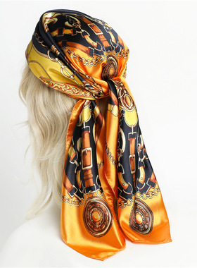 satin scarf 色丁丝巾女链条洋气围巾拼色披肩防晒头巾方巾90cm