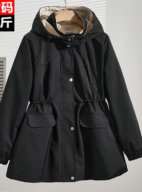 320斤大码女装秋冬新款胖mym宽松休闲中长款收腰显瘦连帽风衣外套