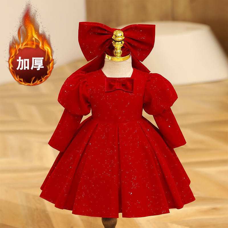 韩版花童婚礼女童生日礼服红色小女孩演I出服儿童周岁公主裙春长