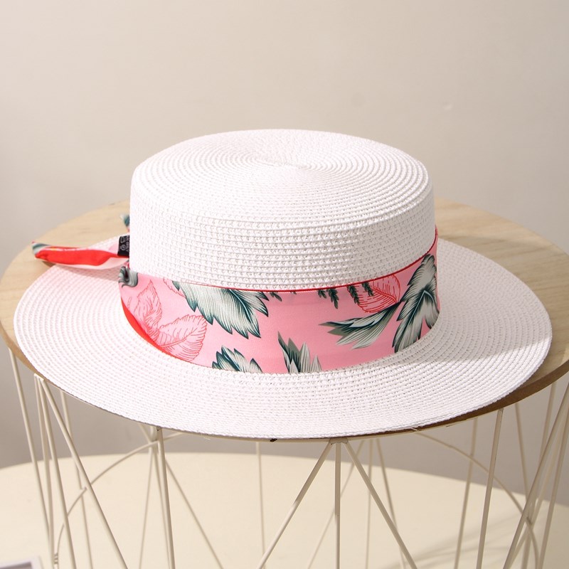 草帽女夏天白色平顶帽可s折叠出游度假海边英伦粉色碎花礼帽沙滩