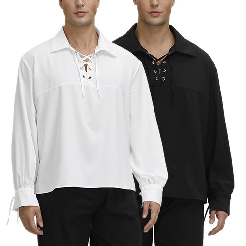 男式中世纪文艺复兴系带纯色翻领衬衫 万圣节话剧舞台表演服上衣