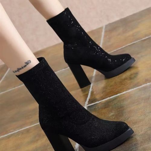 2023秋冬新款瘦瘦靴女高跟英伦风粗跟防水台中筒弹力袜靴尖头短靴