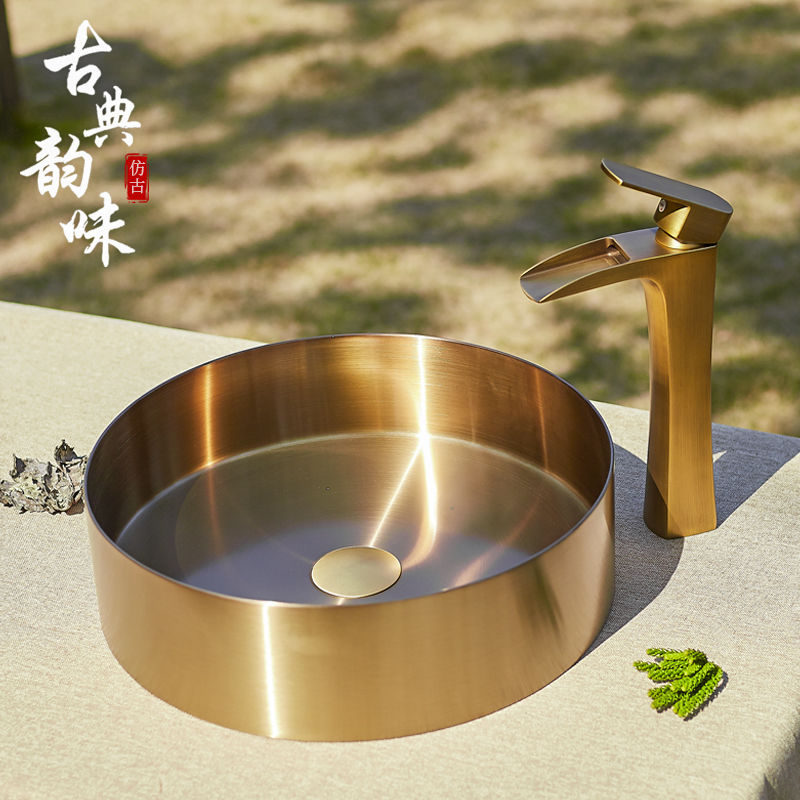 中式别墅庭院仿古圆形台上盆不锈钢洗手盆景区花园户外单盆洗脸盆