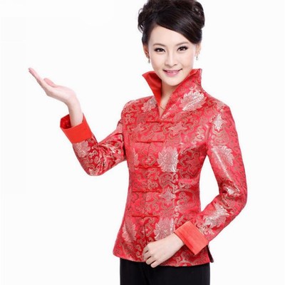 中国风唐装女士i长袖秋冬妈妈装上衣修身服装红色礼服立领大码棉