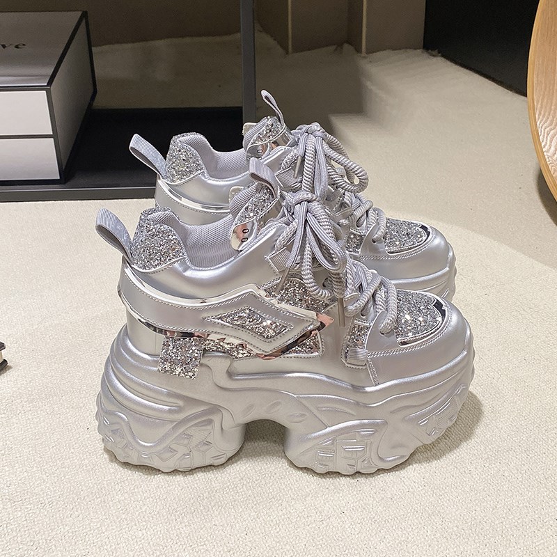 爆款银色水钻老爹鞋女2025秋季新款10cm厚底内增高松糕休闲运动鞋