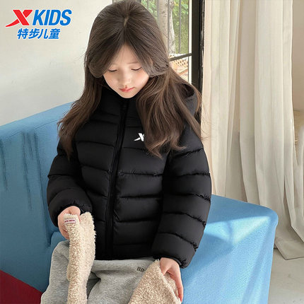 特步儿童冬季羽绒服2025新款女童轻薄保暖防风简约时尚连帽冬外套