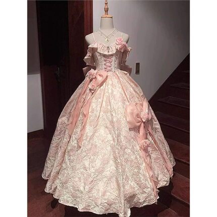 长款礼服粉色洋装齐地连衣裙女生毕业典礼吊带成人礼服婚纱公主裙