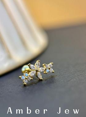 【Amber Jew】甜美花朵耳蜗耳骨钉镀18k金纯银镶锆石小众轻奢耳饰