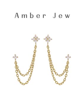 Amber Jew S925纯银镀18k金链式流苏镶钻耳线欧美耳钉耳饰推荐