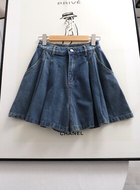 阔系复古高f腰百褶牛仔半身裙裤女2024春夏新款蓝色a字短裤半裙