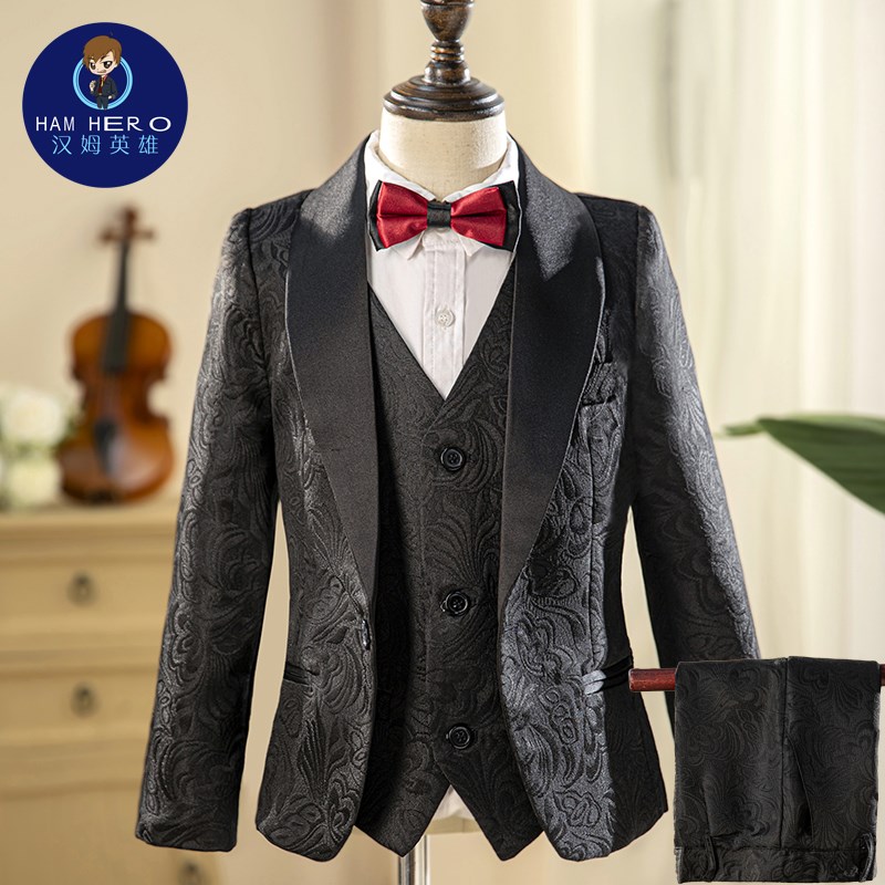 高档男童小西服黑色儿童西装套装暗纹正装主持人钢琴吉他演出服装