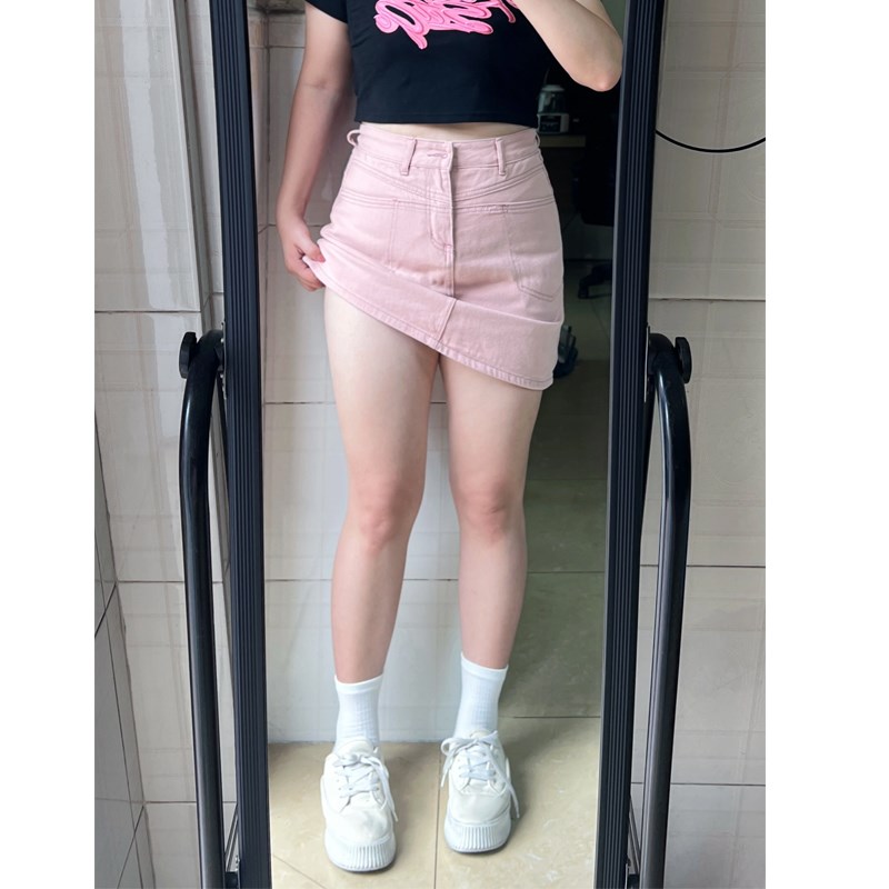 粉色牛仔短裙女夏季薄款大码胖mm梨形身材遮胯显瘦a字包臀半身裙
