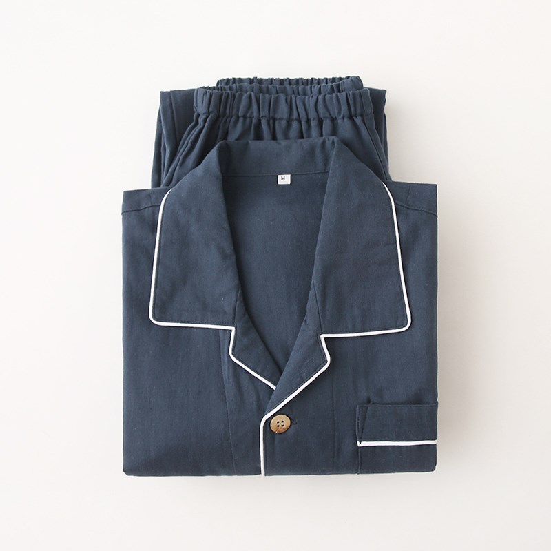 睡衣男士夏季薄款长袖纯棉纱布日系纯色棉麻休闲家居服套装