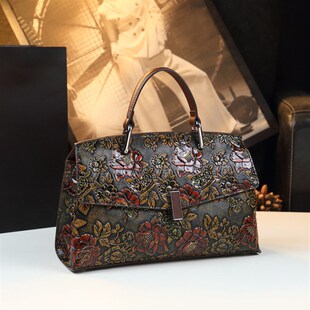 新款女包花开富贵复古真皮大容量手提包中年女士单肩斜挎凯莉包潮