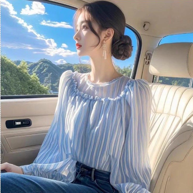 春秋外出哺乳衣条纹雪纺衬衫时尚减龄喂奶衣产后嫩妈洋气衬衣T恤