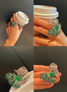 个性复古新款时尚轻奢小众满钻锆石天然绿玉髓戒指网红女潮新品