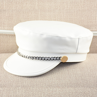 高品质pbu皮船长帽链条装饰平顶帽英式复古水手帽四季百搭海盗帽