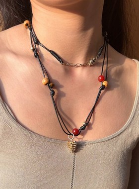 不规则串珠长链配饰时尚幸运松果编绳长项链女轻奢小众设计高级感