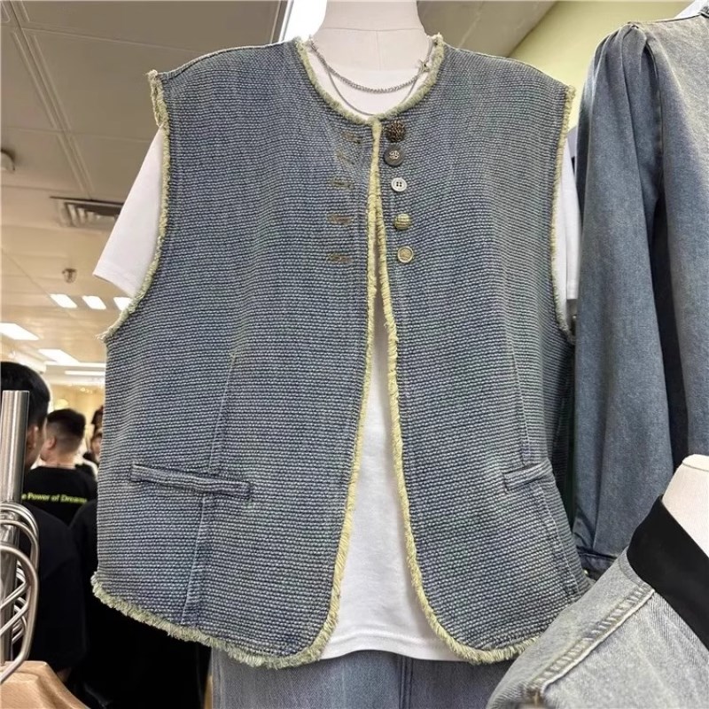 大码300斤圆领牛仔马夹男女装春秋季小众毛边设计感背心马甲外套2