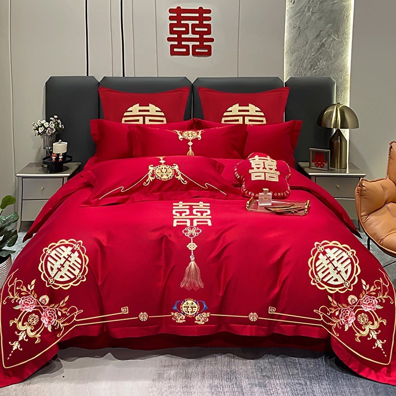 结婚四件套婚庆红色o婚房喜被床单刺绣被套被单婚礼大红色床上用