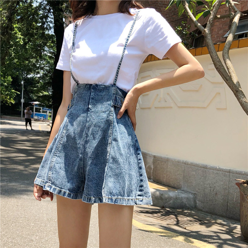 新款韩版阔腿高腰显瘦前后两穿吊带百搭牛仔短裤女纯白t桖女套装