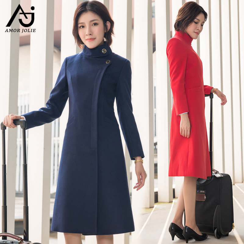 职业空姐呢子大衣女国航深航售楼部工作服中长款修身毛呢外套