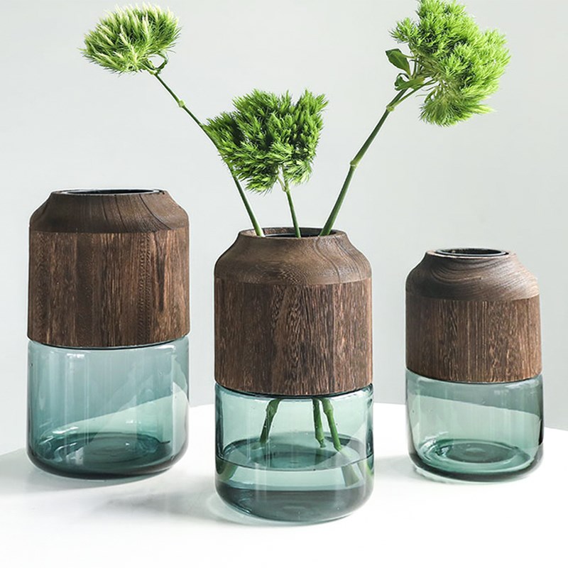 北欧原木实木透明玻璃花瓶组合花器花艺插花装饰家居酒店板房摆件