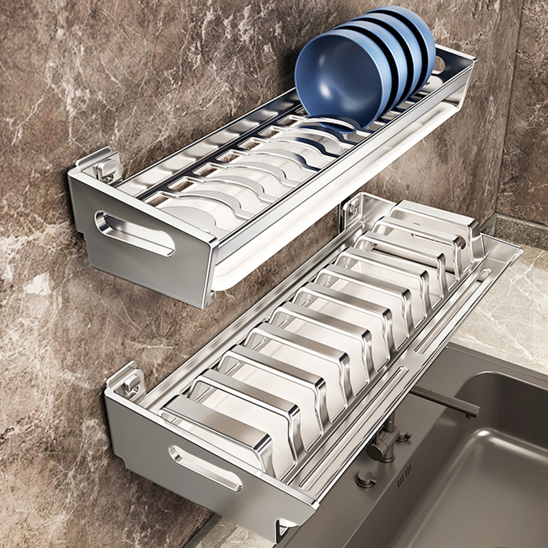 304不锈钢碗碟收纳架壁挂上墙厨房家用免打孔台面沥水碗盘置物架