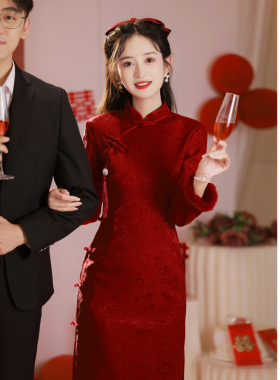 旗袍敬酒服新娘2024新款结婚红色中式订婚礼服裙女加厚加绒秋冬季