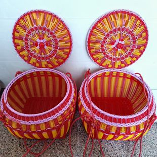 增福喜事婚庆箩筐新款大号仿竹藤编手工特色带盖收纳储物篮子送礼