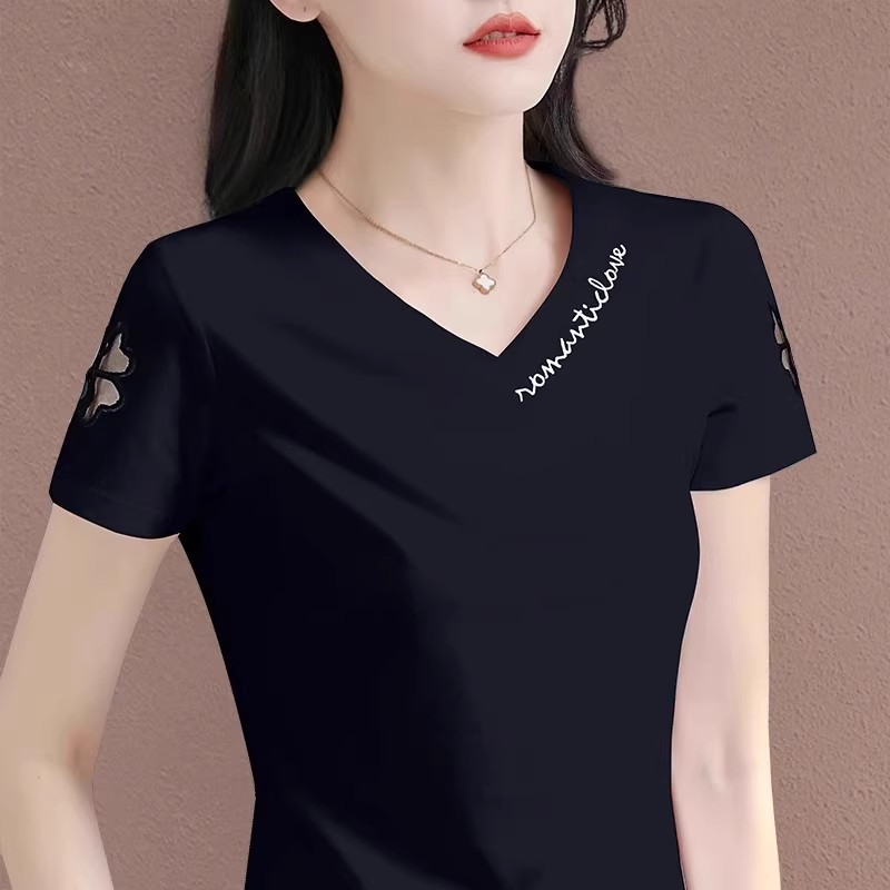 黑色短袖女t恤2025新款爆款夏季正肩v领上衣时尚洋气半袖修身体恤