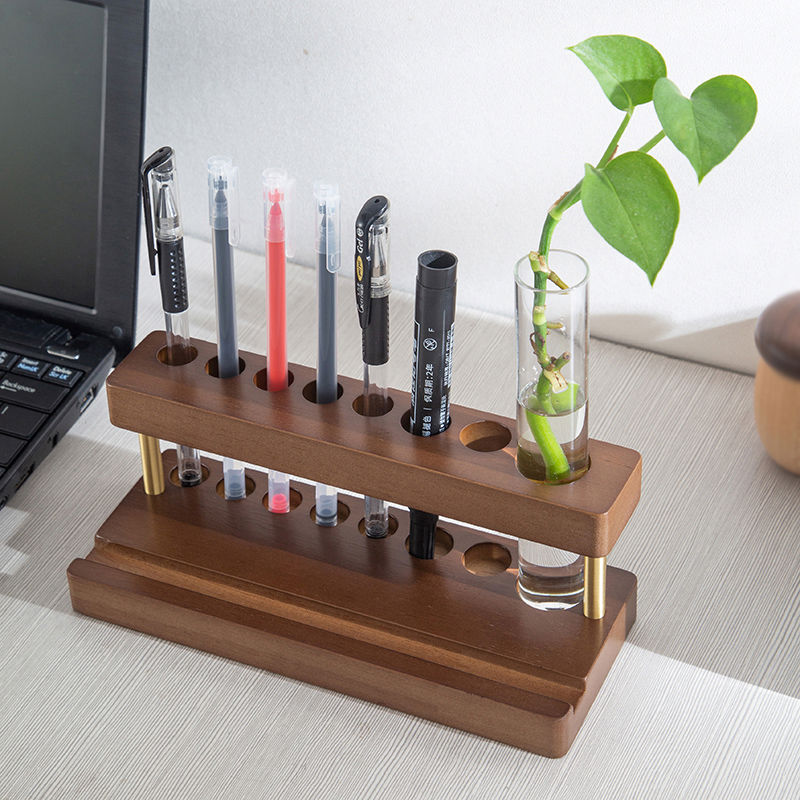 创意实木笔架笔插花器手机支架轻奢高级书房办公室桌面多功能