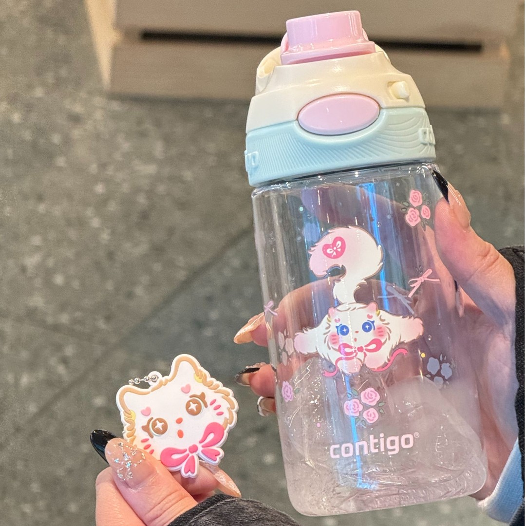 contigo春夏便携少女心可爱猫咪碎花PIPI龙口直饮塑料杯喝水杯图片