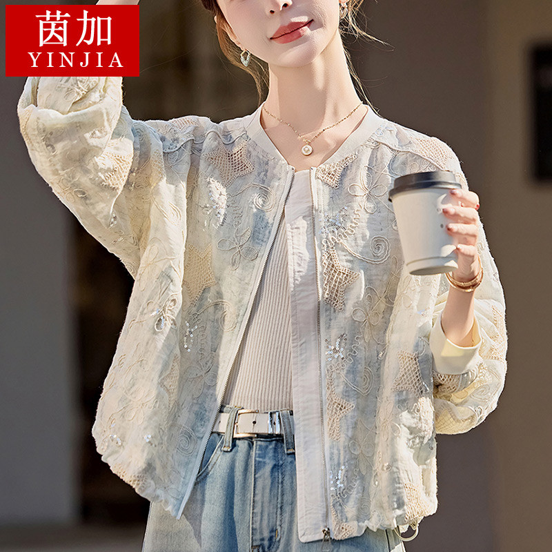 刺绣棒球开衫外套女夏季薄款2025年新款妈妈短款时尚减龄防晒衣