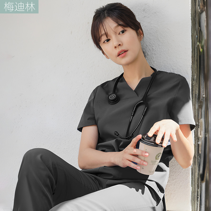 韩国高端洗手衣女护士服男短袖手术刷手服口腔医生美容工作服黑色