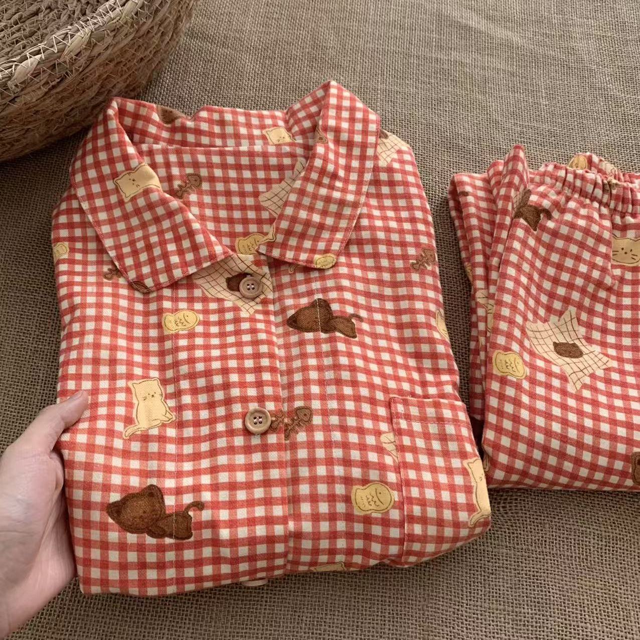 磨毛红格饼干小猫套装