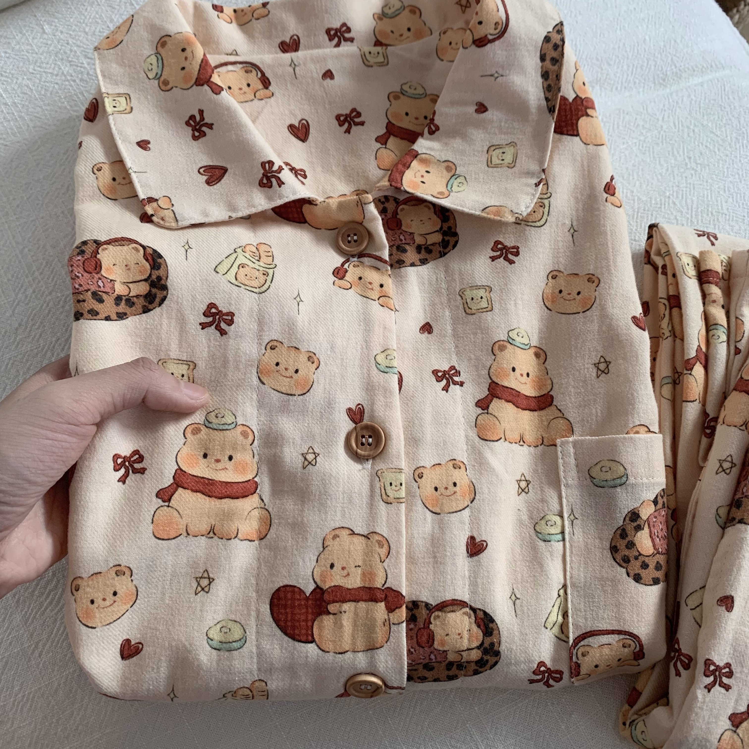 棉花泡泡 原创睡衣A类全棉磨毛长袖豹纹饼干小熊睡衣套装家居服女