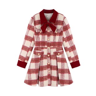 法式甜美红色格子长袖连衣裙女冬季气质加厚富家千金呢子新年裙子