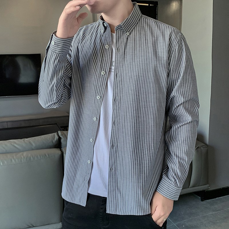 2024秋季白色男士条纹长袖衬衫棉宽松休闲商务衬衣上衣服外套男装