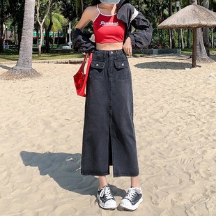 黑色牛仔半身裙女夏季2024年新款高腰显瘦a字中长款开叉包臀裙子